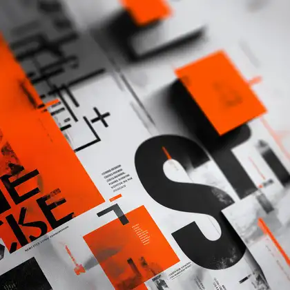 Bold graphic design collage with typography and geometric shapes in orange, black and white