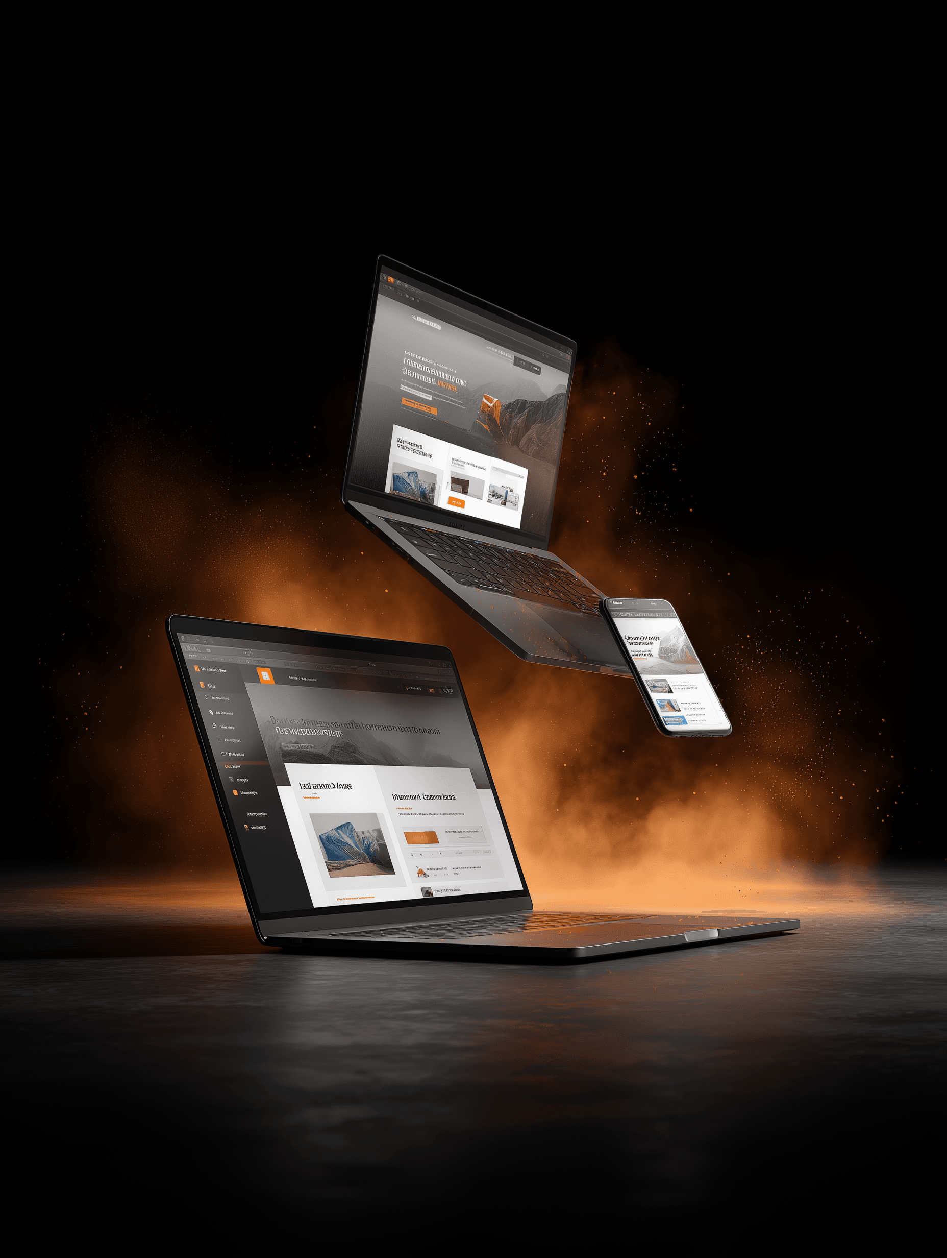 Computer, tablet and smartphone displaying responsive websites